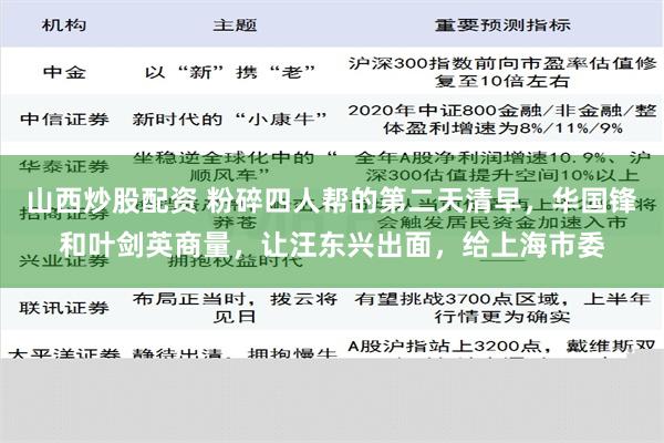 山西炒股配资 粉碎四人帮的第二天清早，华国锋和叶剑英商量，让汪东兴出面，给上海市委